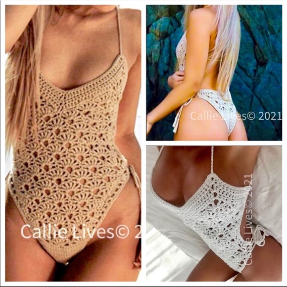 NWT Crochet Retro Sexy BoHo Chic One Piece Thong Back Bathing Swim Suit - Picture 7 of 13